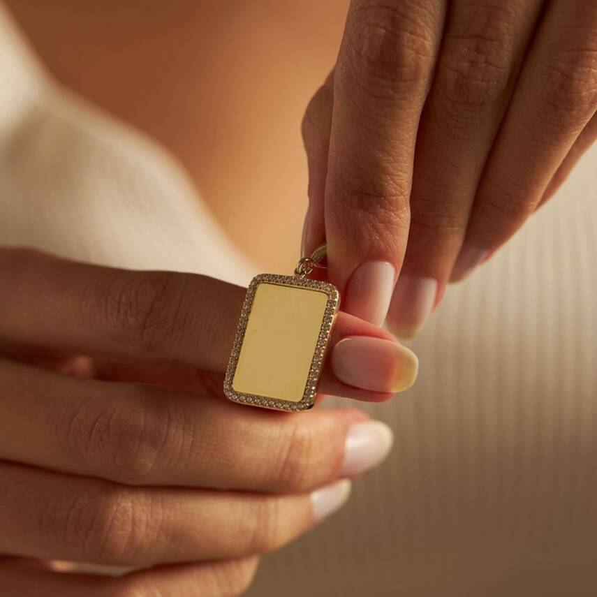 Taşlı Dikdörtgen Plaka Altın Kolye Ucu - Semih Haşhaş Kuyumculuk