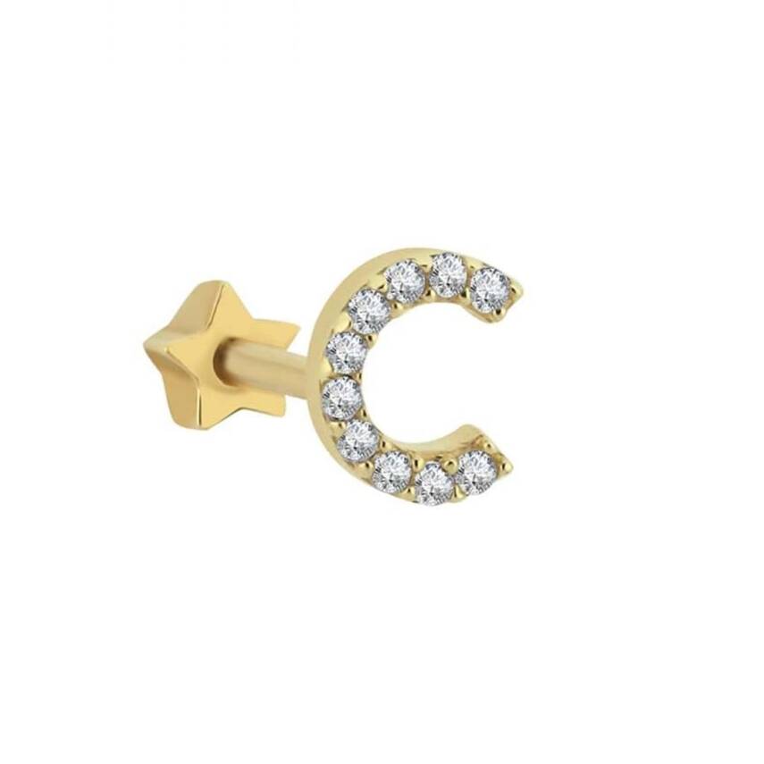 Taşlı Harf Altın Tragus Piercing - 1