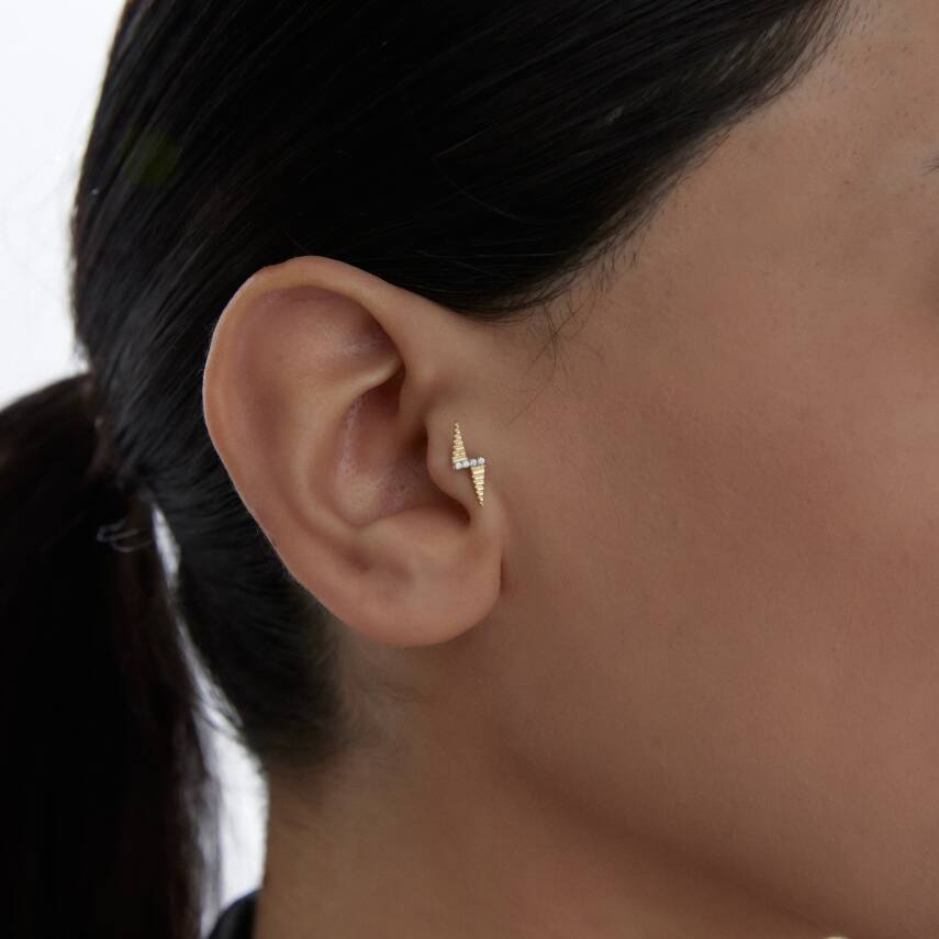 Taşlı Şimşek Altın Tragus Piercing - 1