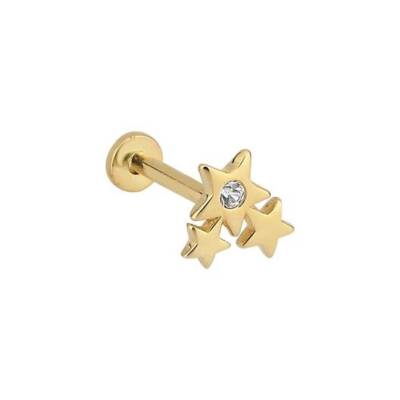 Taşlı Üçlü Yıldız Altın Tragus Piercing - 1