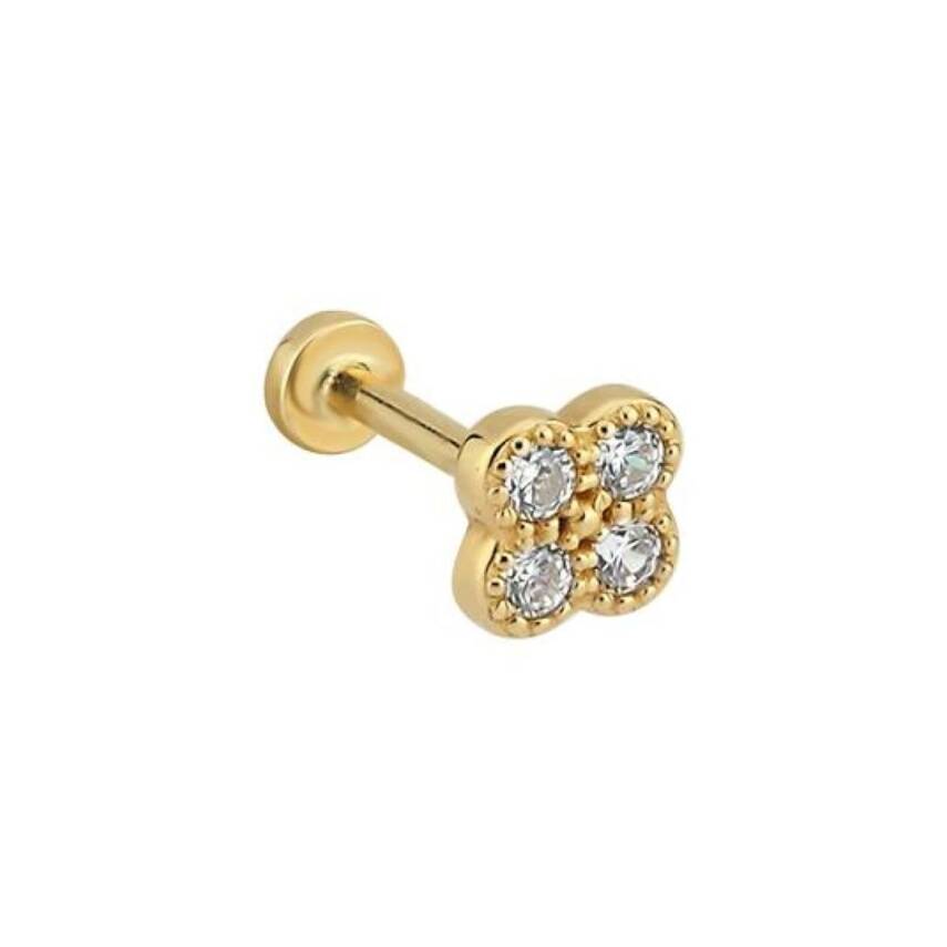 Taşlı Yonca Altın Tragus Piercing - 1