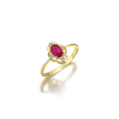 Pembe Taşlı Oval Kesim Altın Yüzük - 2